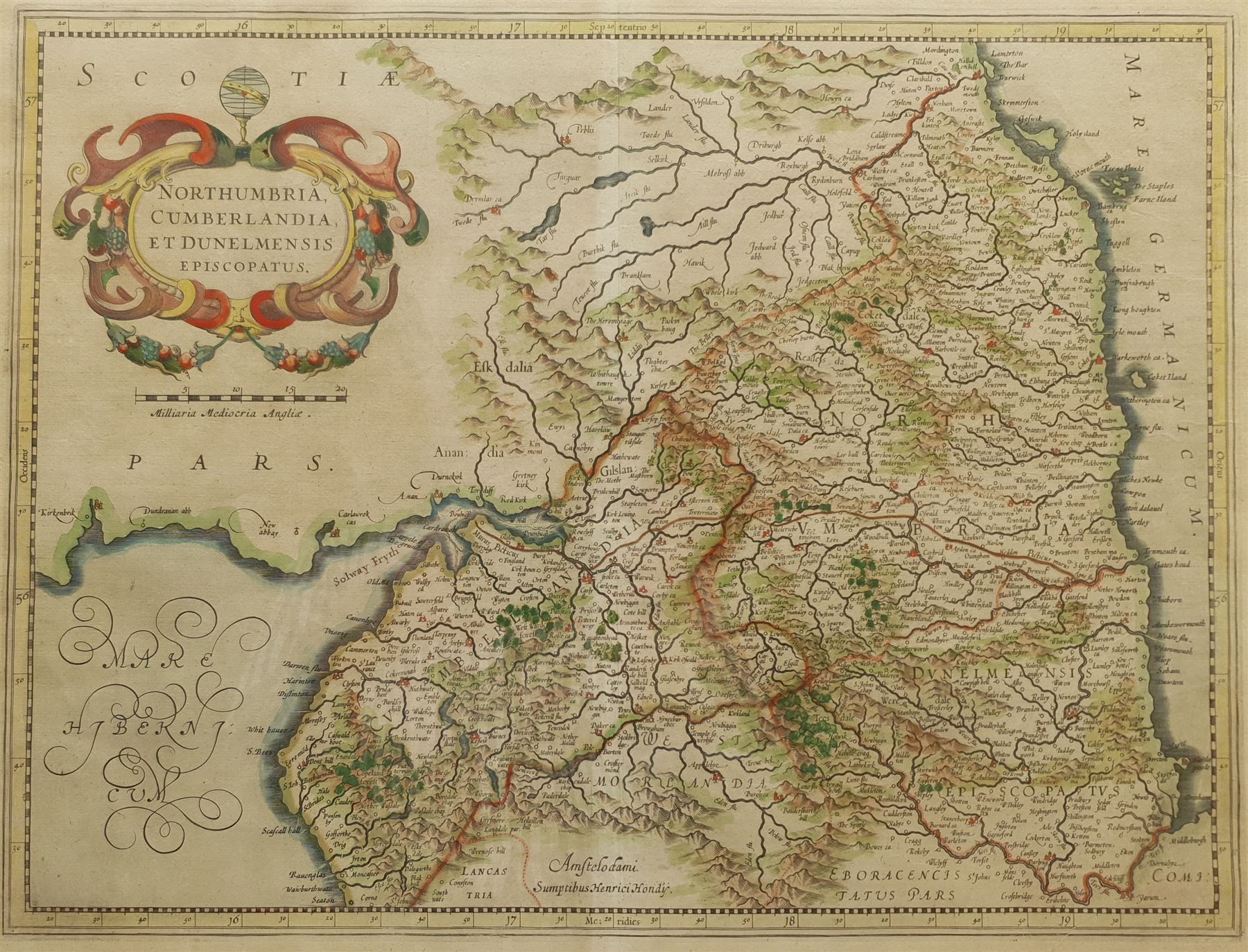 Henricus Hondius II (Dutch 1597-1651): 'Northumbria Cumberlandia et Dunelmensis Episcopatus' - Bishoprics of Northumbria, Cumberland, and Durham, 17th/18th century engraved map with later hand-colouring 35cm x 47cm