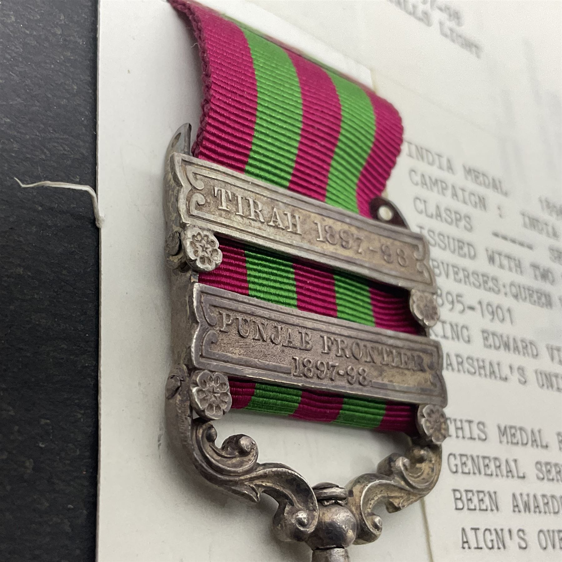 Victoria India Medal with Tirah 1897-98 and Punjab Frontier 1897-98 clasps awarded to 367H Pte. W. Simonds 1/Duke of Cornwall's Light Infantry; with ribbon