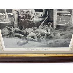 WW1 photogravure print depicting the VC action of Boy (1st Class) John Travers Cornwell mortally wounded in the Battle of Jutland May 31st 1916 34 x 41cm, walnut frame; and WW1 colour print entitled 'England's 1914-1919 Call' in simulated rosewood frame (2)