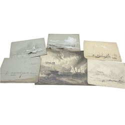 George Balmer (British 1806-1846): 'Dunstanborough Castle' Berwick' 'Blyth' & 'Bamborough Castle', five pencil sketches highlighted in brown and white on grey paper signed titled and dated 1835, 23cm x 32cm; 'Bamborough Castle', 19th century pencil unsigned 34cm x 45cm (unframed) (6)