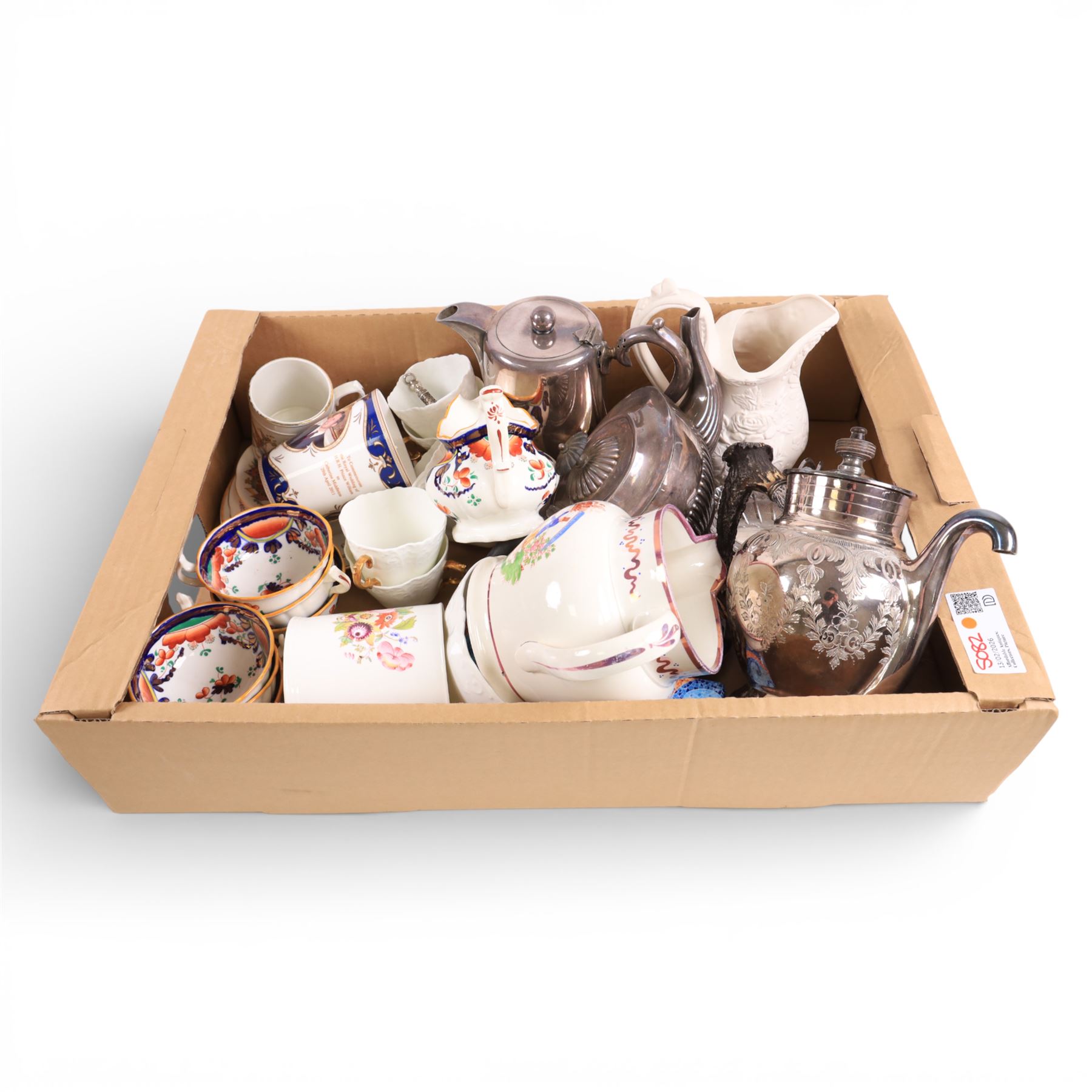 Collection of ceramics and metalware, including Gaudy Welsh part tea service, Sunderland lustre mug and Orange Men jug, Wileman & Co tumbler, silver plated self-pouring teapot, etc