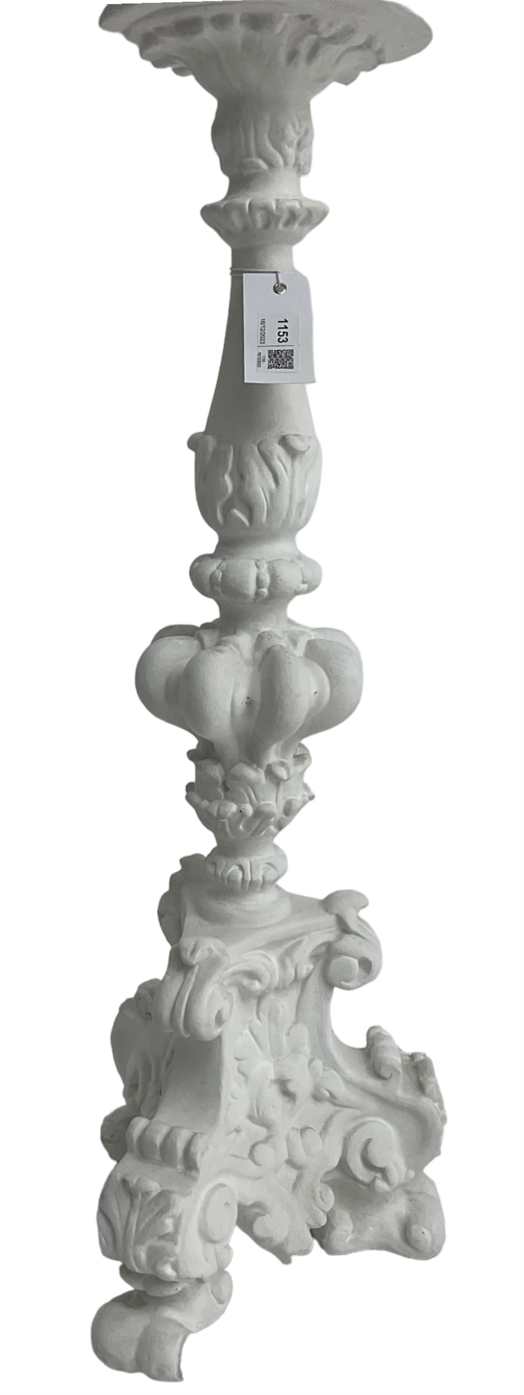 White painted Italian Baroque design standard lamp, ornately cast with foliage and scrolls, on three scrolled feet, with floral shade
