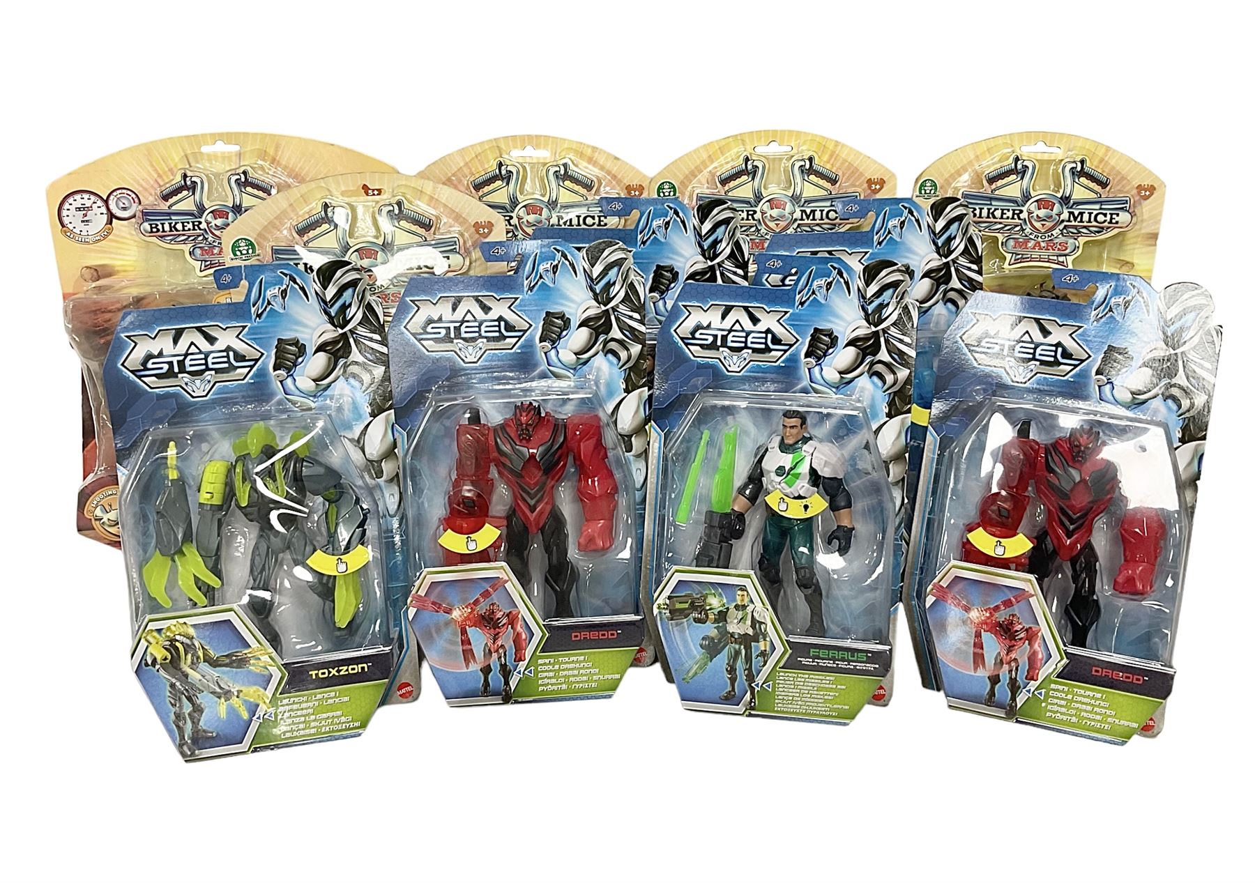 Biker Mice From Mars - Character Options 2-in-1 Bike Blaster; and four carded figures comprising Night Shift, Modo, Vinnie and Throttle; together with six Mattel Max Steel carded figures; all in unopened blister packs (11)