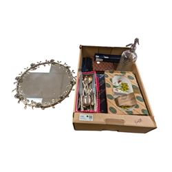 Portmeirion Botanic Garden serving dish, Royal Worcester serving dish, collection of silver plated Kings Pattern cutlery, one silver teaspoon, Mumbys soda bottle, floral mirror, etc