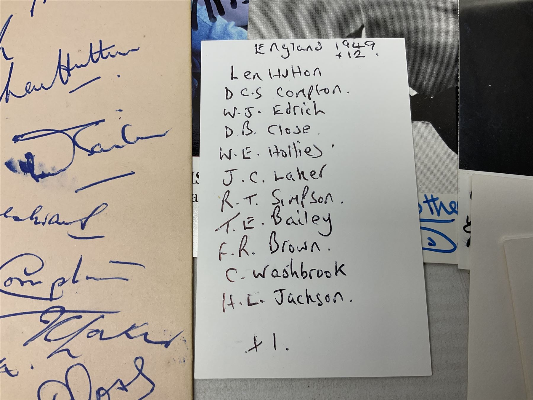 1949 England cricket team signatures including Hutton, Compton, Edrich, Laker etc on loose album page; and large quantity of other autographs of predominantly TV Soap Opera stars from Last of the Summer Wine, Eastenders, Emmerdale, Coronation Street, Heartbeat etc and other TV/Film personalities; on promotional photographs and clipped fragments of paper etc