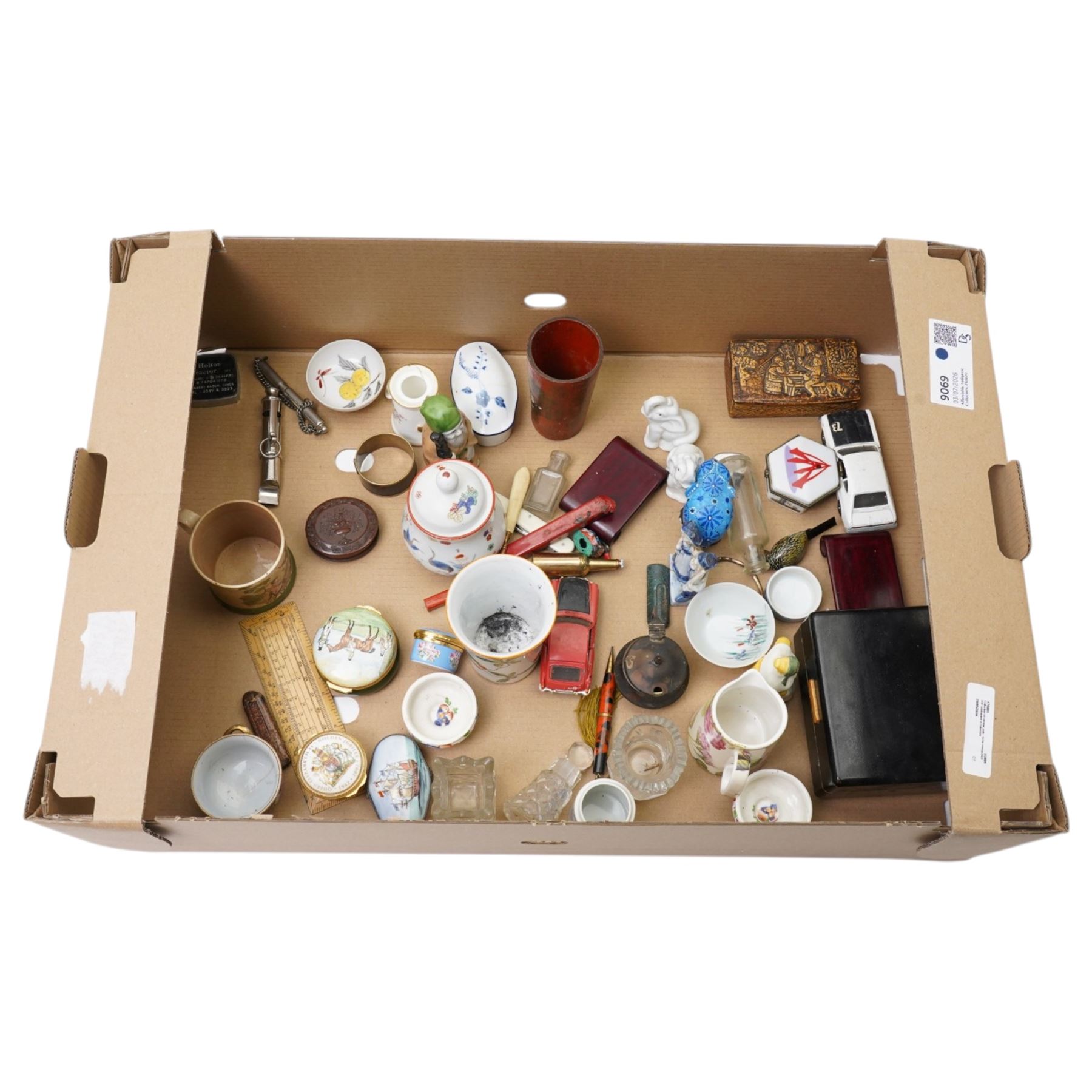 Collection of enamel trinket boxes, silver salt, whistles etc, in one box 