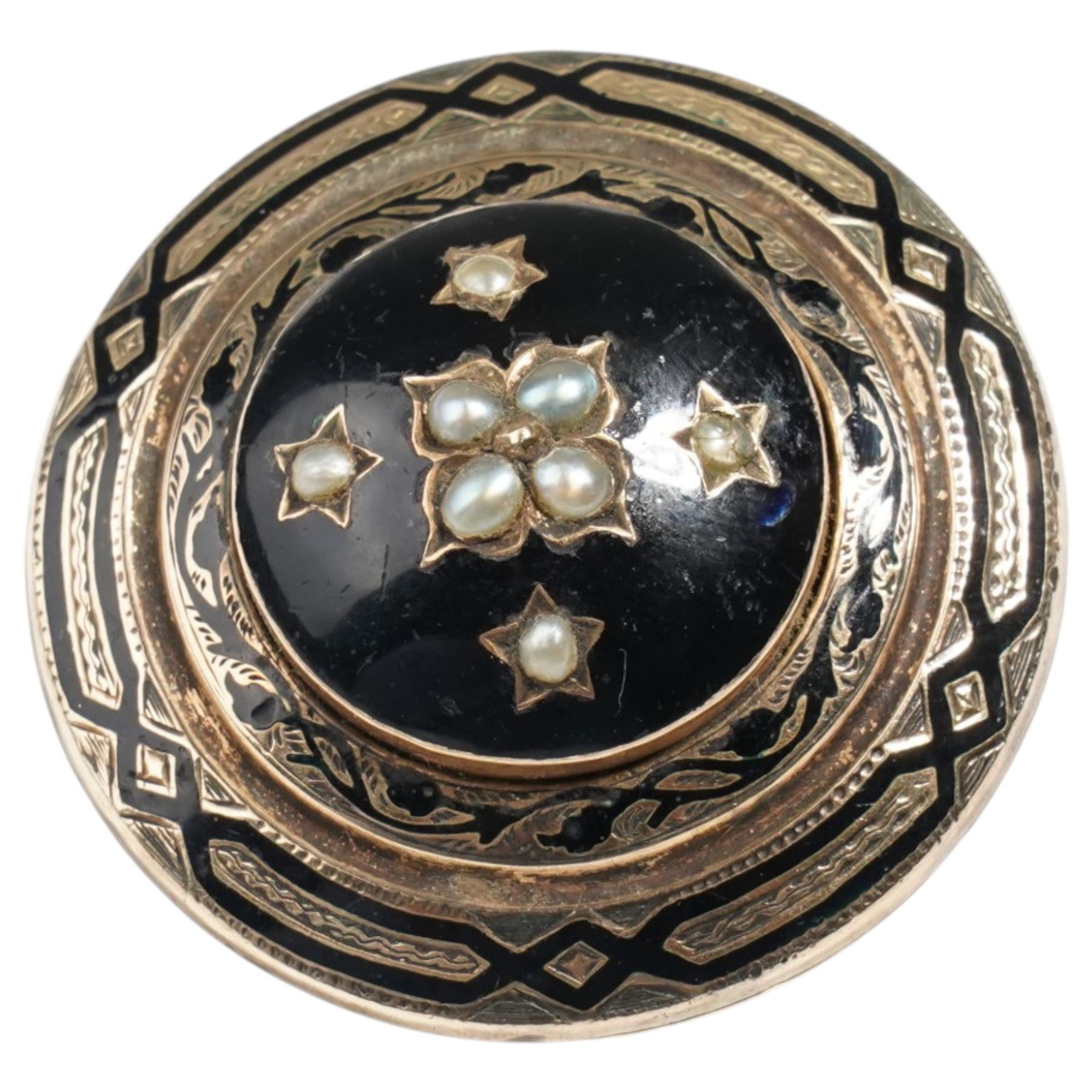 9ct gold seed pearl and black enamel brooch with hair inset panel to reverse