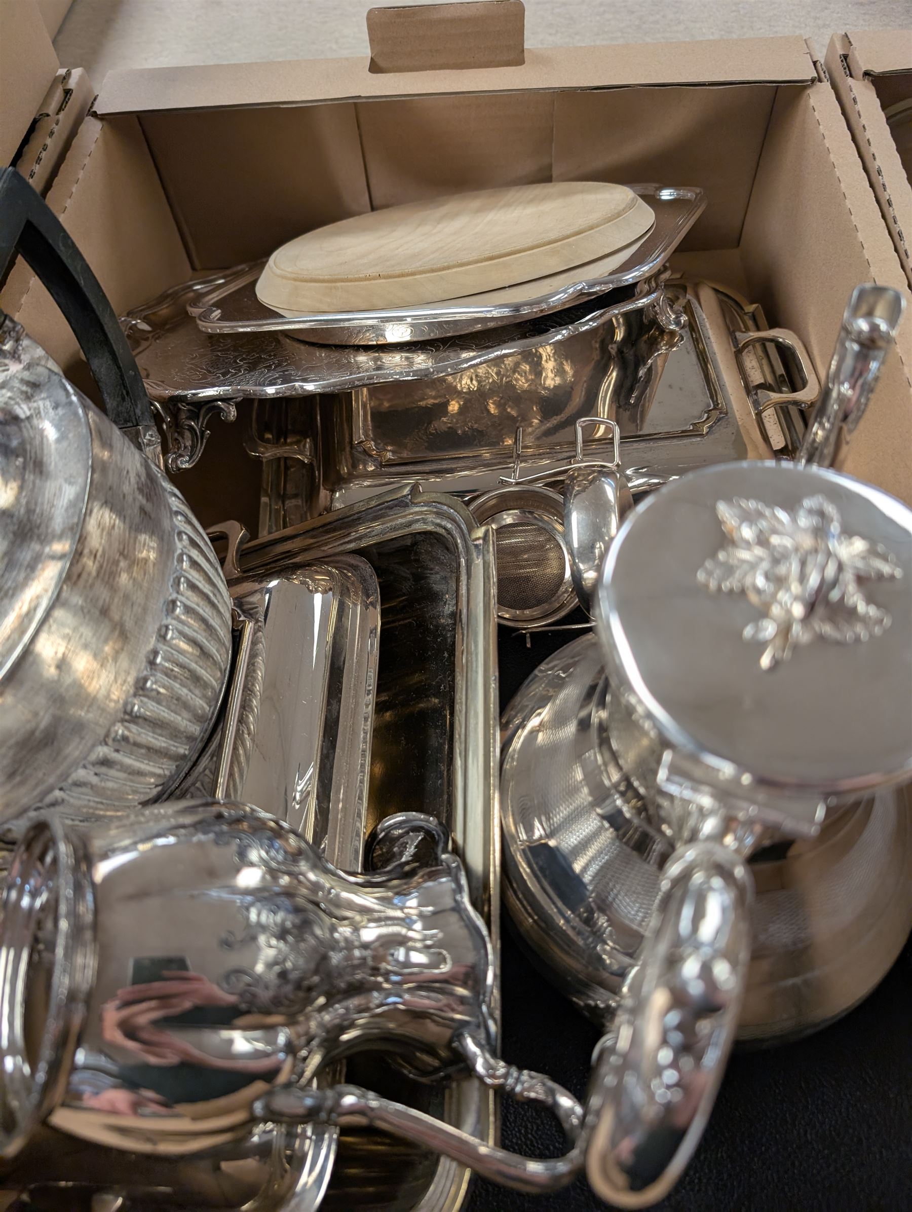 Collection of silver plated items and glassware, including cased cutlery, carnival glass, decanters, teapot, trays, etc