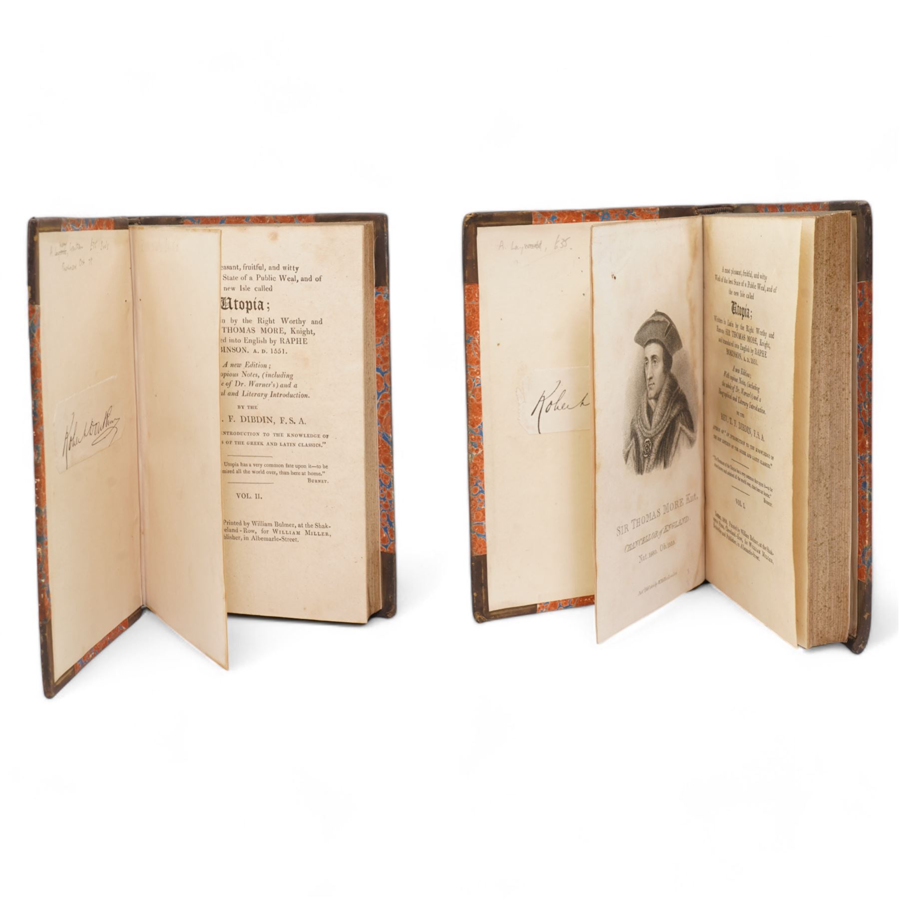 More, Sir Thomas - 'Utopia' translated by Raphe Robonson, a new edition with notes by Rev. T F Dibdin, printed by William Bulmer in two volumes 1808, marbled boards, leather spine