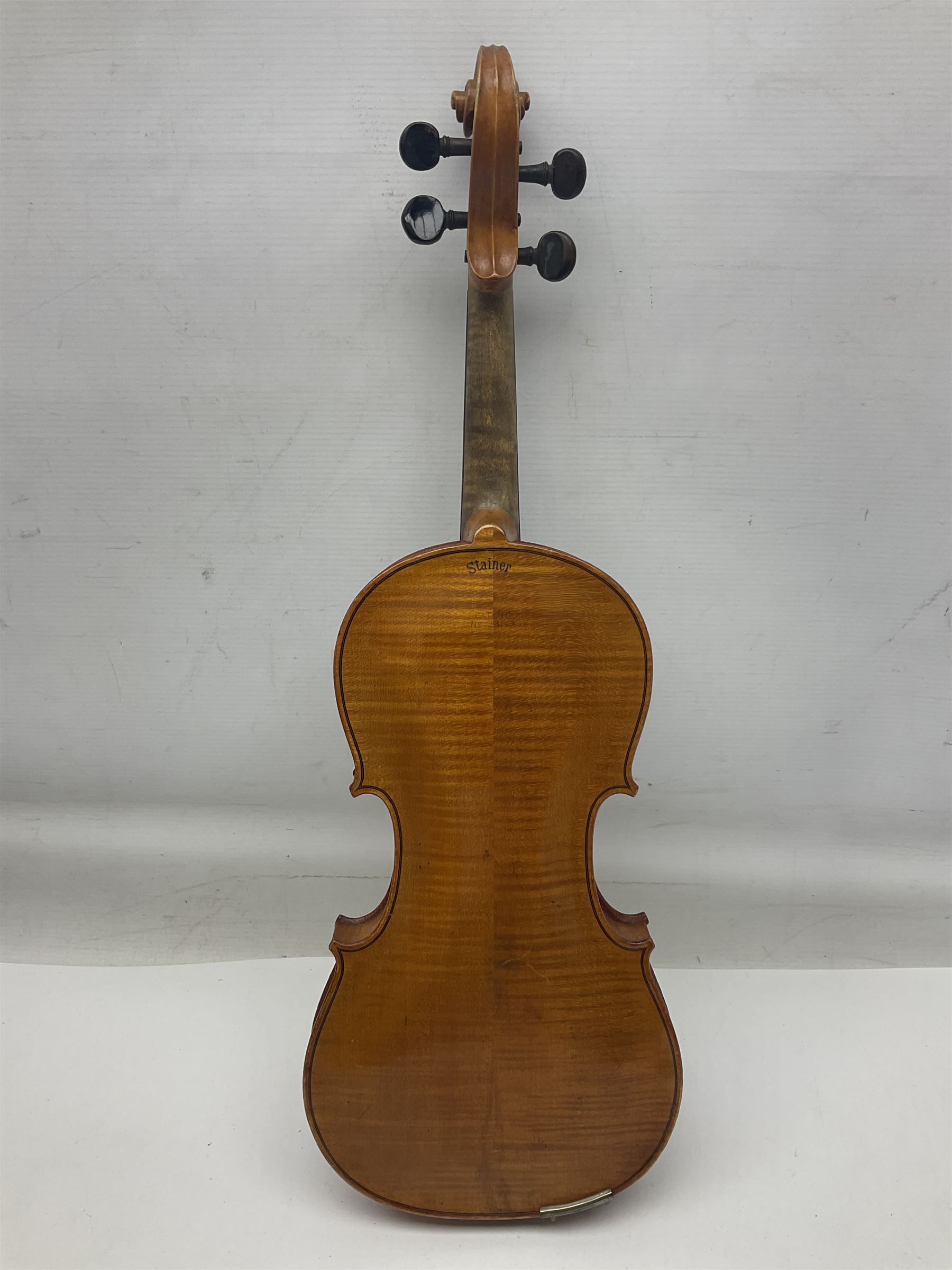 German violin c1900 stamped Stainer with 36cm two-piece maple back and ribs and spruce top L59.5cm overall; in simulated reptile skin carrying case