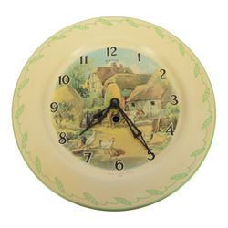 Three Smiths children's alarm clocks, including Noddy, two school adding clocks, Smiths ceramic plate wall clock, Francis Early Bird clock and an Art Deco triangular clock
