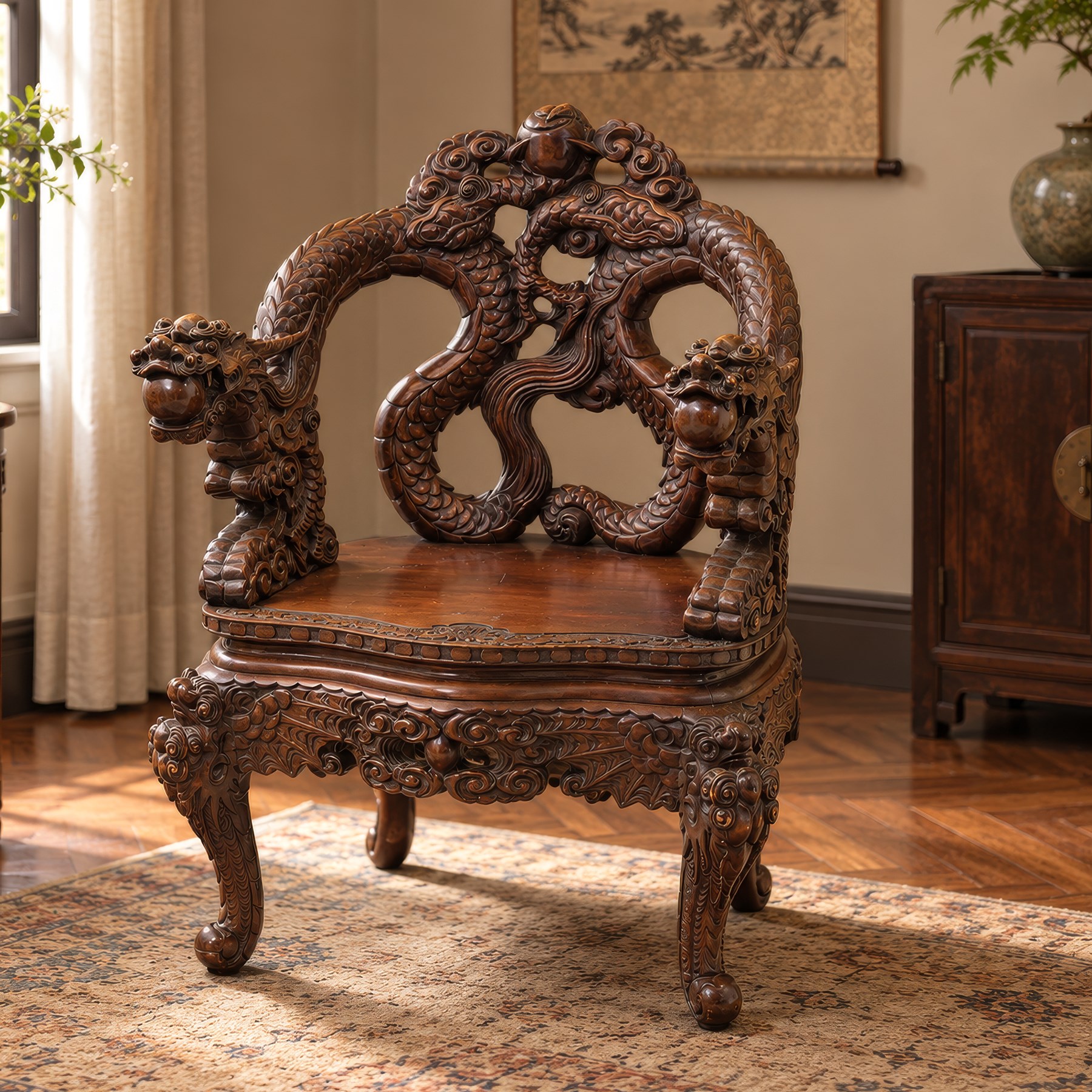 Chinese carved hardwood dragon throne chair, the shaped and pierced back with entwined dragons and cloud motifs, sweeping dragon-form arms terminating in carved heads, solid panel seat over foliate carved apron, on four mask carved cabriole supports