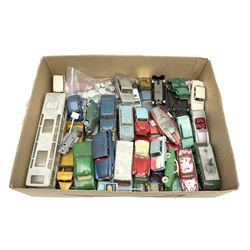 Dinky - over thirty unboxed and playworn die-cast models including Vega Major Luxury Coach, Peugeot 404, Humber Hawk, Ford Transit Van, Jaguar Type D etc; fourteen Dinky road signs; and quantity of other models including Budgie Supercar, Tri-ang Spot-On, Tekno etc