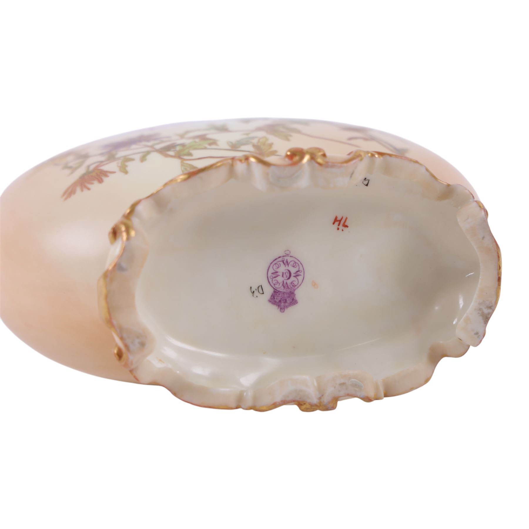 Royal Worcester Blush Ivory Moon Flask, decorated with floral sprigs, with gilt handles, puce mark beneath, H22cm