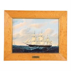 Set of Six Wedgwood plaques, each decorated with a clipper ship, inscribed to the reverse, in maple frames, 25cmx31cm