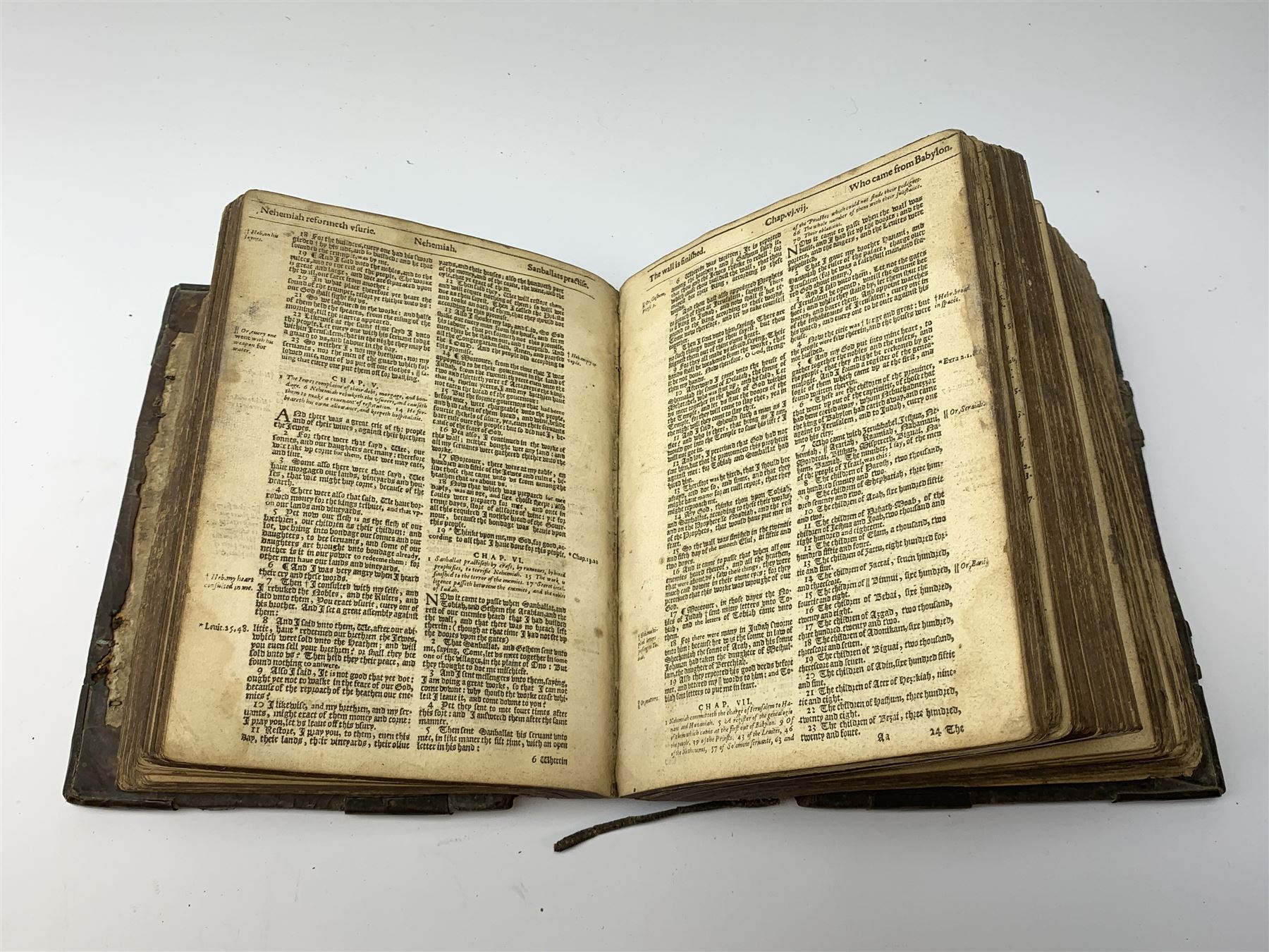 The Holy Bible, Containing the Old Testament and the New; Newly Translated out of the Originall Tongues ..., Imprinted at London by Bonham Norton and John Bill 1620. General and New Testament titles with woodcut border (New Testament title and colophon dated 1621), genealogies and double page map by J.S. (John Speed), Apochrypha present, bound with Two Right Profitable and Fruitfull Concordances .... Collected by R.F.H. Imprinted at London Bonham Norton and John Bill 1622, bound with The Whole Booke of Psalmes Collected into English Meeter by Thomas Sternehold, John Hopkins, and Others ..., printed for the Company of Stationers 1623. Full calf binding with bronze bosses.