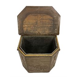 Large 19th century wooden and brass repousse coal box, rectangular form with canted front, enclosed by hinged lid decorated with figural countryside scene, the front panel depicting tavern scene at the 'Scours Contre la Soif' and initialled 'Ete', the remaining panels decorated with mythical scenes, with metal lining and hinged carrying handles, on castors
