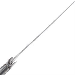 British Georgian 1796 pattern light calvary officers' scabre, the 76cm curved single edge blade etched to both sides, the stirrup steel hilt with shield langets, dove head pommel and backstrap, within steel scabbard with twin suspension rings, overall L92cm   