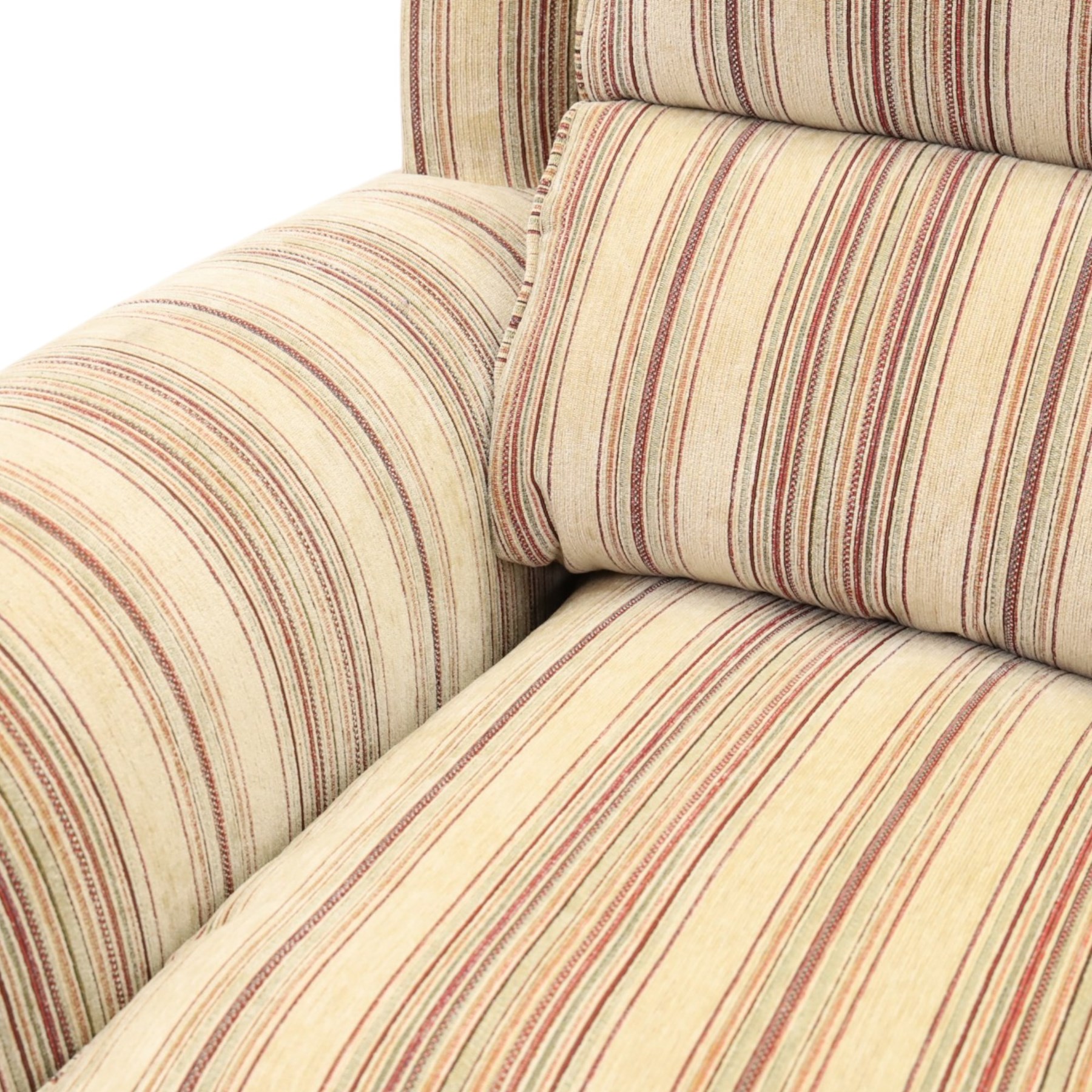 Parker Knoll - contemporary 'Henley' lounge suite comprising grande two seat sofa and wingback armchair, traditional wing shape over rolled arms and turned feet, upholstered in striped fabric