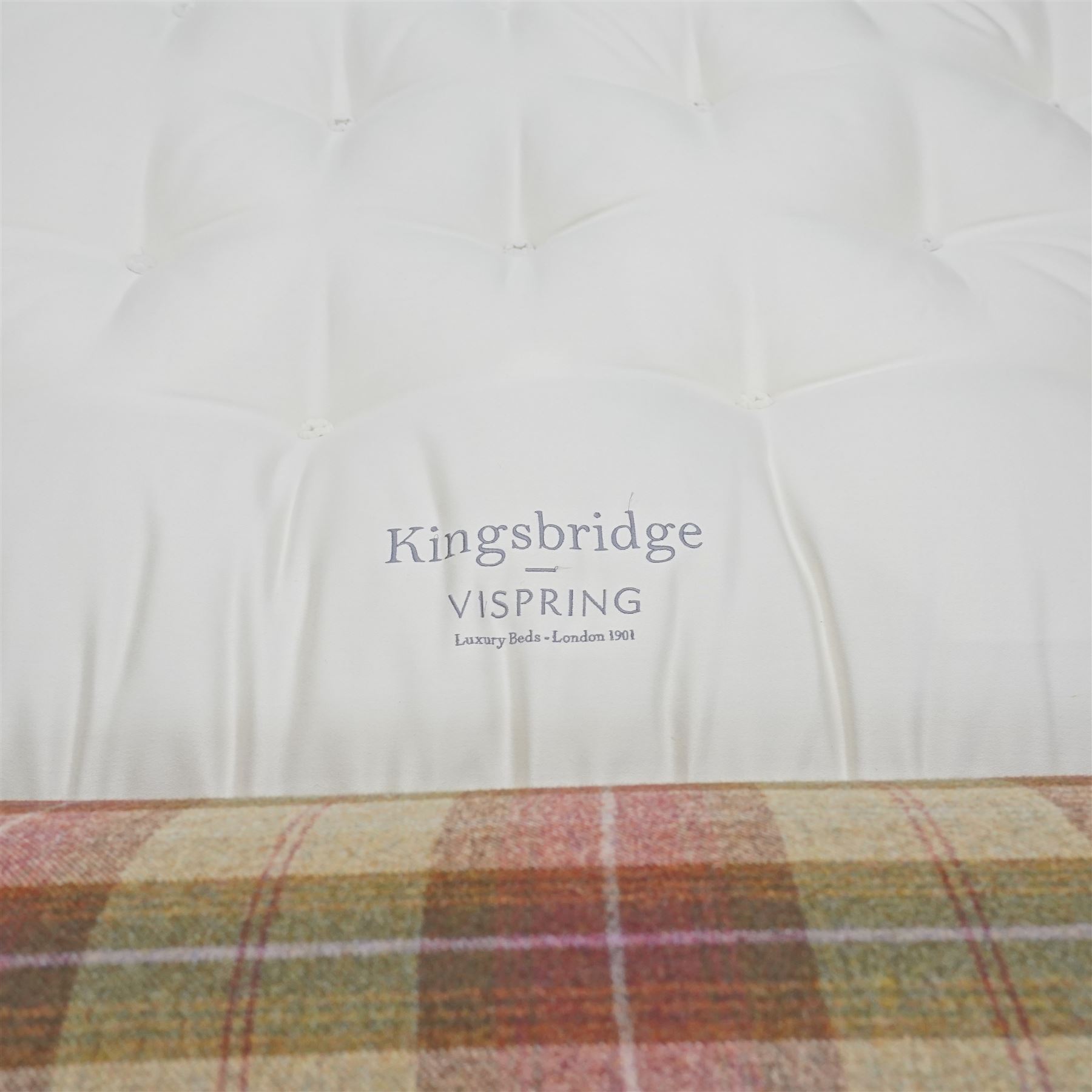 And So To Bed - Bonaparte Emperor 7' upholstered and classic Victorian design wood framed, upholstered in chequered pattern fabric with scroll-shaped headboard and footboard, upholstered side rails, with a faux suede divan together with a fitted Vispring Kingsbridge mattress, supported on cabriole legs 