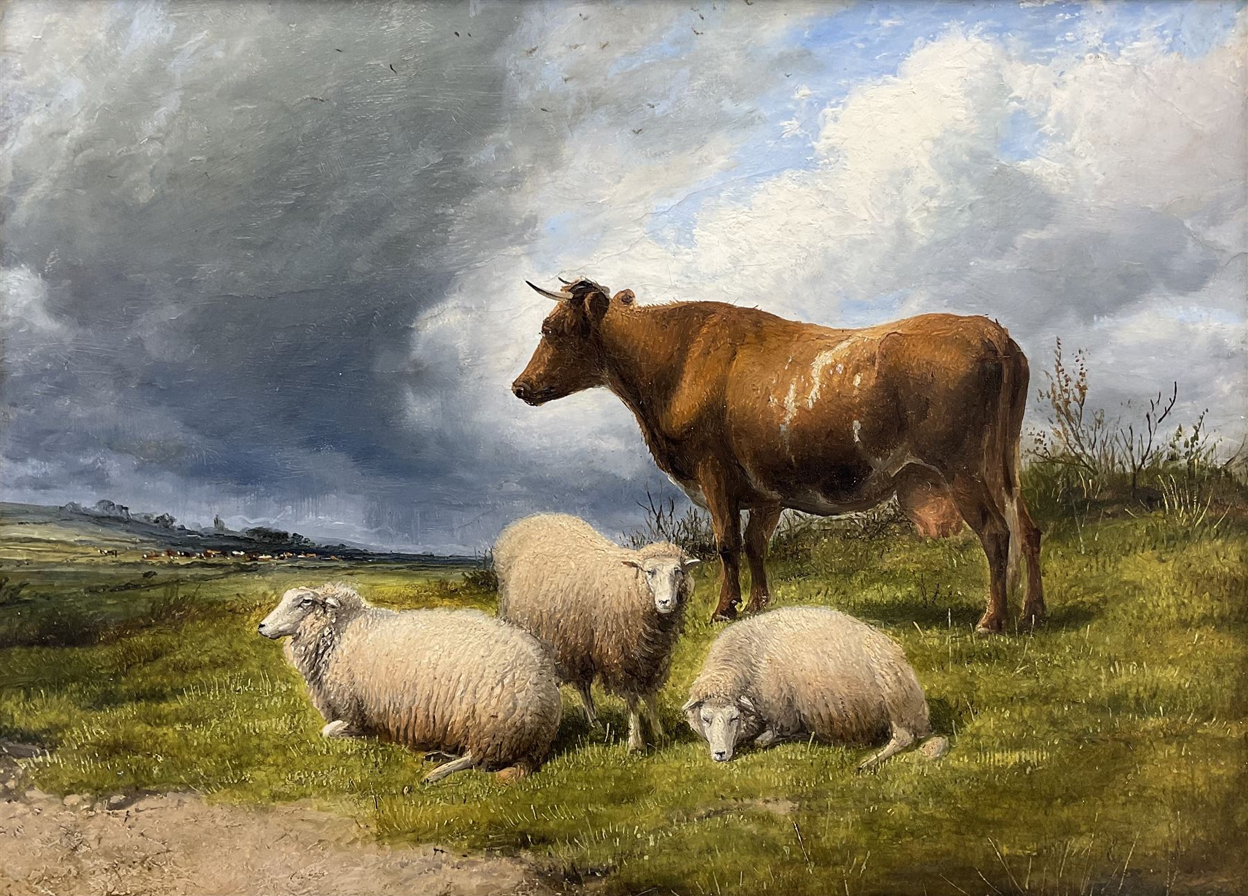 Thomas Sidney Cooper (British 1803-1902): Cow and Sheep under a Brooding Sky, oil on board, signed and dated 1897 verso with artist's wax seal 40cm x 55cm 