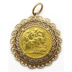  1889 gold sovereign, loose mounted in 9ct gold (tested) fancy pendant, approx 12.3gm  