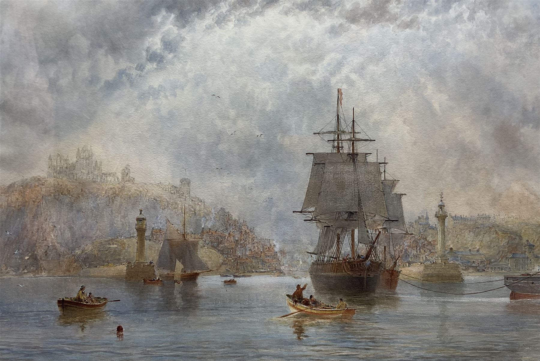 George Weatherill (British 1810-1890): 'Shipping outside Whitby Harbour', watercolour faintly signed l.l. 46cm x 69cm 
Provenance: with Walker Galleries, Harrogate, label verso. An exceptional, museum-quality work by the artist, one of his largest recorded paintings.