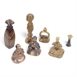Collection of four 19th century gold plated seals with carnelian matrixes, together with t...