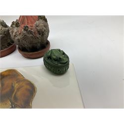 Terry Pratchett Discworld figures, designed by Clarecraft, comprising Death and Granny Weatherwax, DW90, Deathhead DWE8, Dried-frog pill box, boxed, DW63, Death as Beau Nidle, boxed, DW88, Agnes Nitt DW68, Detritus, DW22, Bonsai mountain, DW78, Volcanic bonsai mountain, boxed, DW79, Bonsai mountain valley, DW80, together with the Discworld mapp, and a collection of Terry Pratchett cards.  