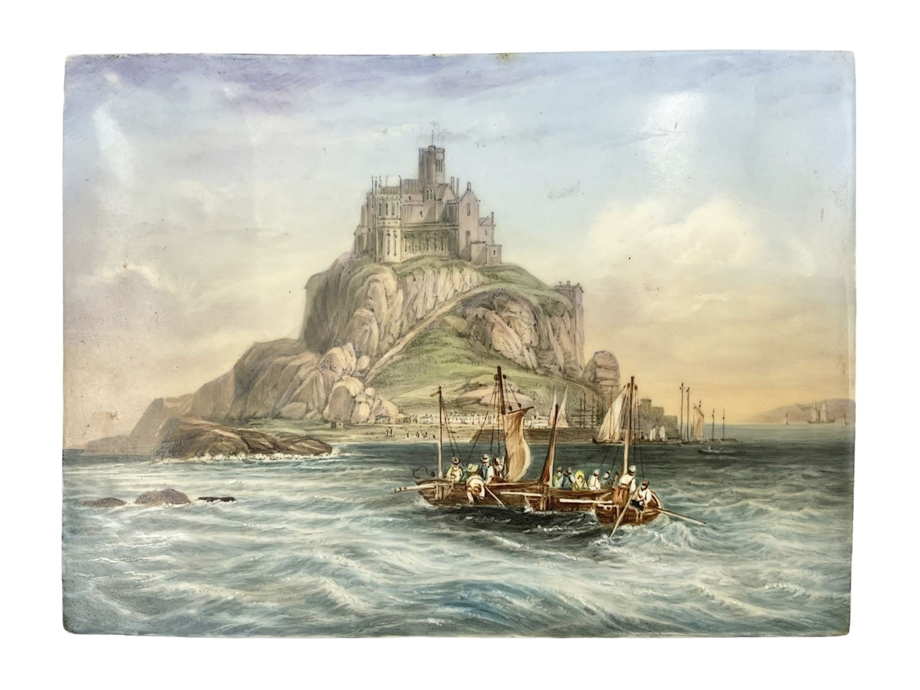 Richard Abbott: St Michael’s Mount, painted oil on porcelain plaque, with 'St Michaels Mount painted by R. Abbott', inscribed on reverse, H15cm, W19cm