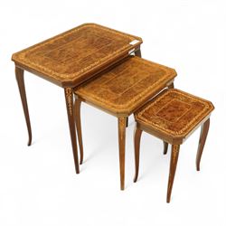 20th century figured walnut nest of tables, each rectangular with crossbanded top floral a...