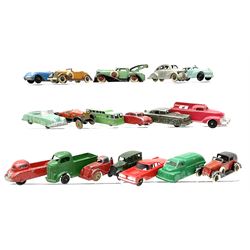 Various USA Makers - eighteen unboxed and playworn early American die-cast models ten Tootsie Toys including taxi, Chevrolet, Pontiac Star Chief, open top tourers, tanker etc; three Midgetoy; two Manoil; Barclay; 'Its A Beaut'; and Hubley (18)