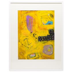 Gillian Ross Kelsey (British 1935-2025): 'Yellow Abstract', mixed media on paper signed and titled in pencil 49cm x 36cm