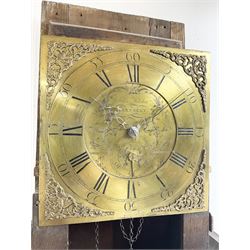 John Fletcher of Barnsley - Mid18th century 30-hour oak cased longcase clock, with a flat pediment and broad cornice, square hood door with attached pillars and gesso capitals, long trunk and conforming door with a break arch top, square plinth on a shaped base, brass dial with cast spandrels and engraved dial centre, chapter ring with Roman numerals and five minute Arabic’s, engraved calendar dial and steel hands, chain driven count wheel movement striking the hours on a bell. With pendulum and weight. The Fletcher family were a prolific family of clockmakers working in Barnsley (Yorks) during the 18th and early 19th century.