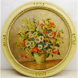  Still Life of English Wild Flowers, 20th century circular oil on board unsigned D49cm  