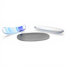 Sea to Sky recycled black glass platter by Corrine Hunt, together with  blue striped platt...