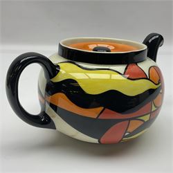 Lorna Bailey Mirage pattern teapot, together with Lorna Bailey batmobile egg cup, both signed beneath, teapot H10cm
