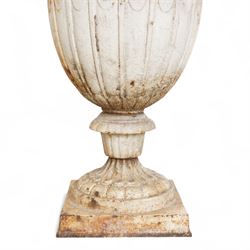Pair of Victorian white painted cast iron lotus garden urns on stop fluted and lobed plinth bases