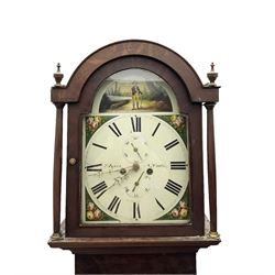 Ayers of Newcastle - 19th century oak cased 8 day longcase clock c1850, with a break-arch top and turned wooden finials, conforming hood door flanked by waisted pilasters and brass capitals, trunk door with an arched top, rectangular plinth with decorative base, painted dial with floral spandrels and a rural depiction to the arch, Roman numerals and minute track, with matching brass hands and subsidiary seconds and date dials, dial pinned directly to a rack striking movement, sounding the hours on a bell. With pendulum and weights.