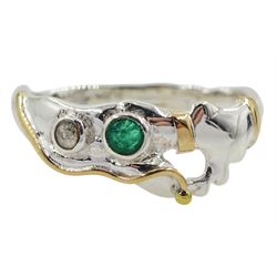 Silver and 14ct gold wire emerald and champagne diamond ring, stamped 925