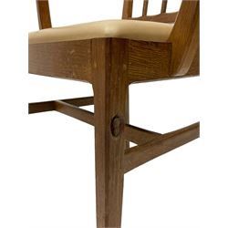 Acornman - set six (4+2) oak dining chairs, shaped cresting rail over moulded upright slats, square tapering supports joined by H-stretchers, by Alan Grainger, Brandsby, York