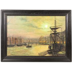 After Walter Linsley Meegan (British c1860-1944): Whitby Harbour by Moonlight, oil on canvas laid on to board bears signature 37cm x 58cm