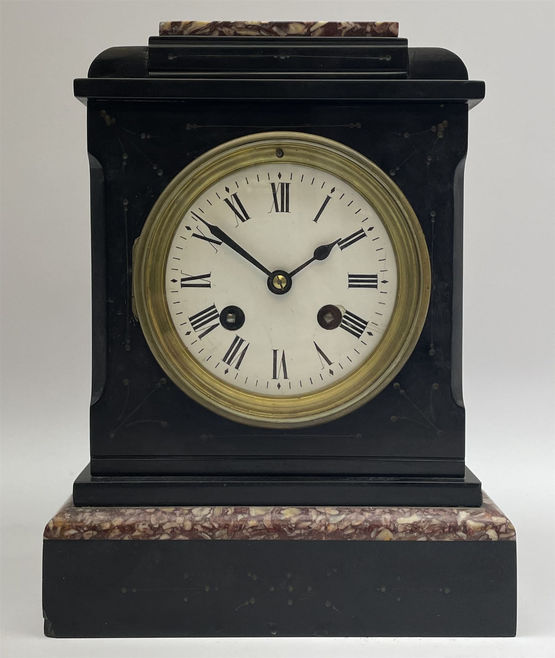 Small Victorian black slate and variegated marble mantel clock, the case with engraved decoration, circular enamel Roman dial, eight day movement by 'Japy Freres' striking the hours and half on bell