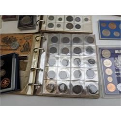 Great British and World coins, including 1996 brilliant uncirculated coin collection in card folder, 1998 proof coin set in blue display with certificate, commemorative crowns, 1953 unofficial year set in plastic holder, pre-decimal coinage, pre-Euro coinage etc, housed in various ring binder folders and loose