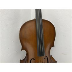 Modern Romanian student's three-quarter size cello with 70cm two-piece maple back and ribs and spruce top, bears label 'Musikinstrumentenfabrik Reghin Romania' L115cm overall
