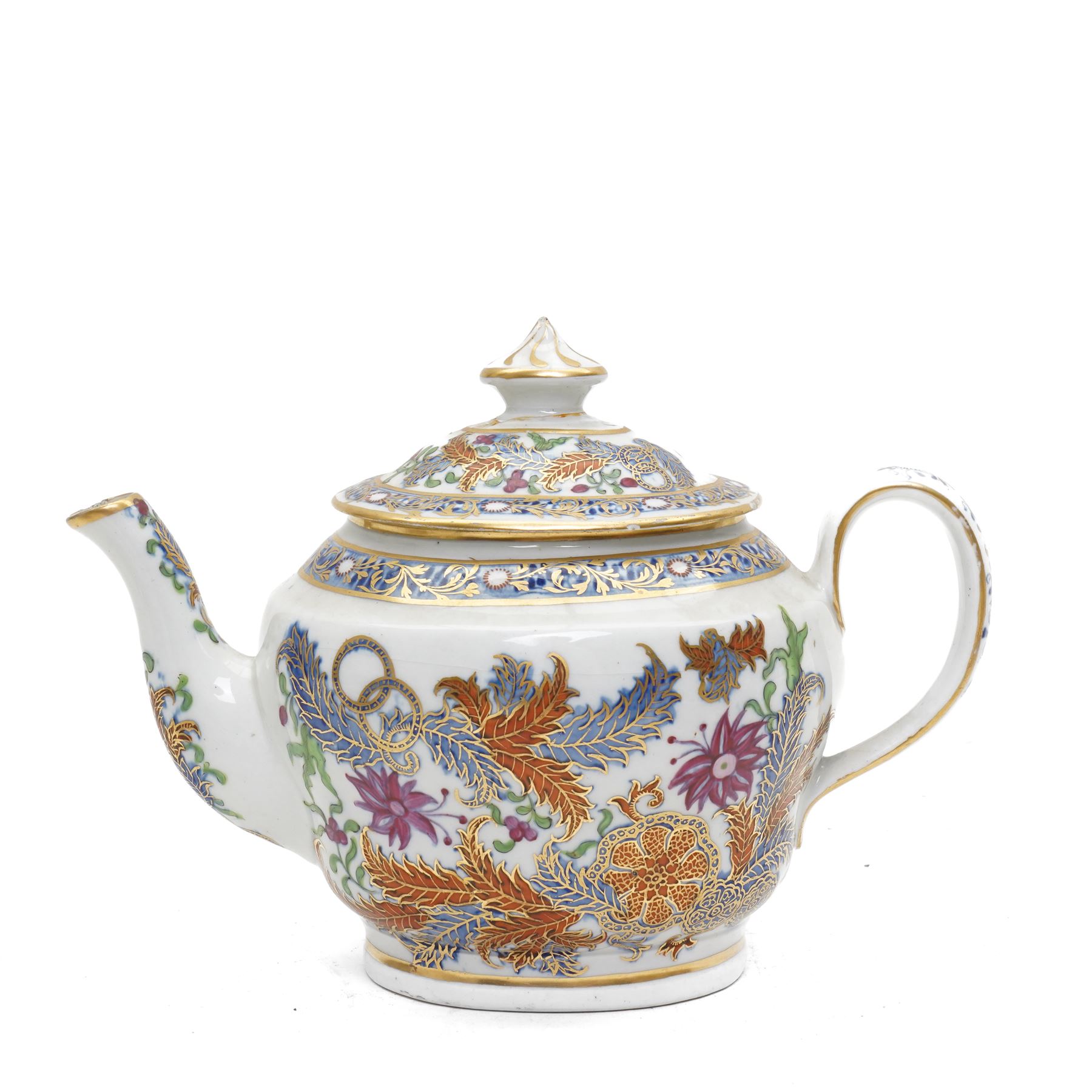 New Hall part tea and coffee service richly decorated  with a Tobacco Leaf design in pattern 274 comprising nine tea cups, eight coffee cans, ten saucers, tea pot and stand, sucrier and cover, slop bowl, milk jug and plate, circa 1800