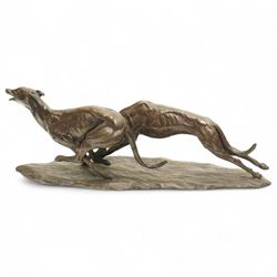 Tessa Pullan (British 1953-): 'Racing Greyhounds', patinated bronze figure, incised with monogram 'TP' and numbered 5/9, with Livingstone Art Founders stamp, W52cm