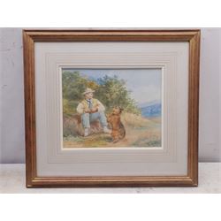H Herbert (British 19th century): Boy Feeding his Terrier, watercolour signed and dated 1875, 22cm x 28cm