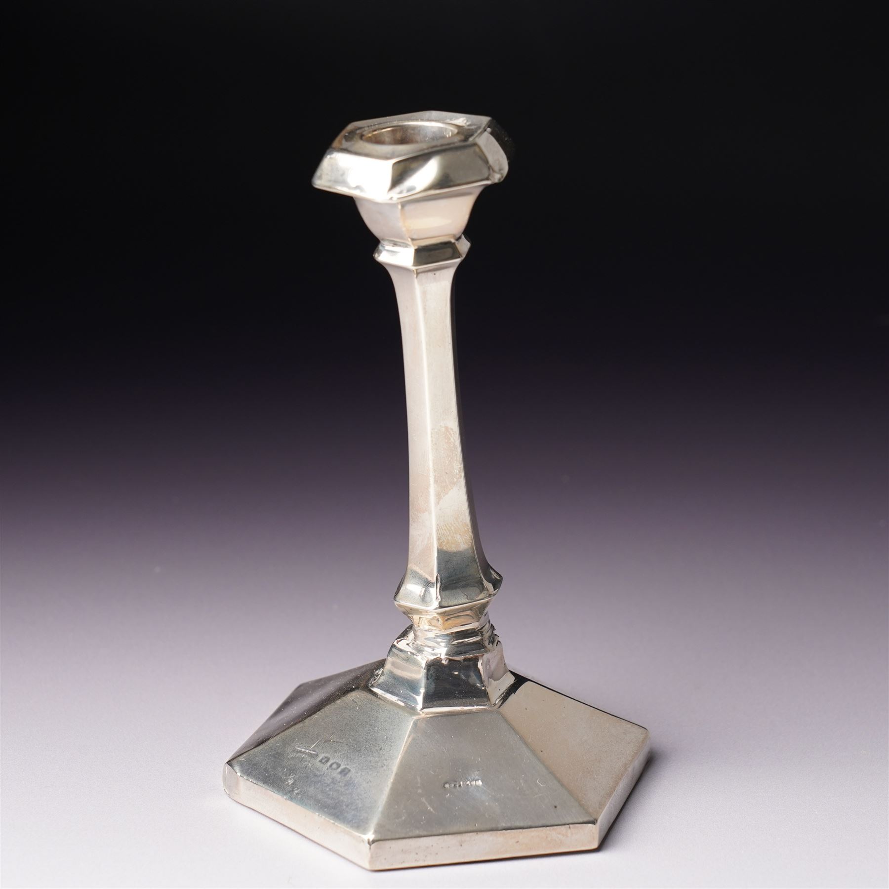 Pair of Art Deco design silver candlesticks with panel sided stems on hexagonal bases H15cm Birmingham 1923 Maker W G Sothers Ltd