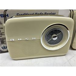 1950s Pye Type P43 cabinet radio in cream Bakelite case with orange knobs, W30cm H22cm D16cm, together with Ever Ready Sky Queen portable radio, Ekco portable radio in red case, Boxed Bush Special Edition 2002 Queens Golden Jubilee radio, Hacker Herald VHS radio (5)